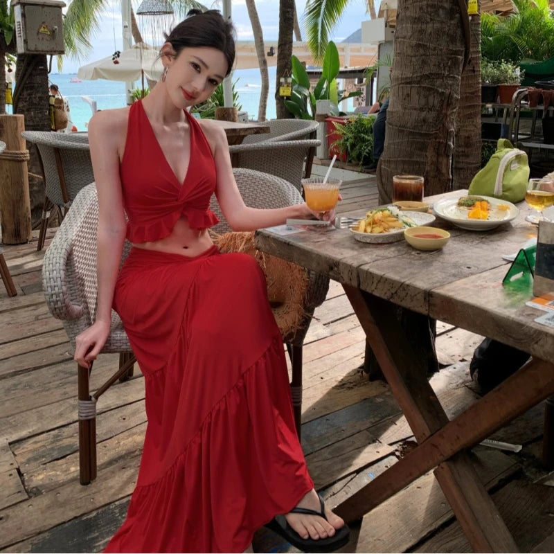 Aiertu  -  Sexy Pleated 2 Piece Suit Women Halter Backless Lace Up Tank Slim Hip Package Long Skirt Female Set Spring Summer Lady Sets Aiertu