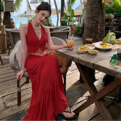 Aiertu  -  Sexy Pleated 2 Piece Suit Women Halter Backless Lace Up Tank Slim Hip Package Long Skirt Female Set Spring Summer Lady Sets Aiertu