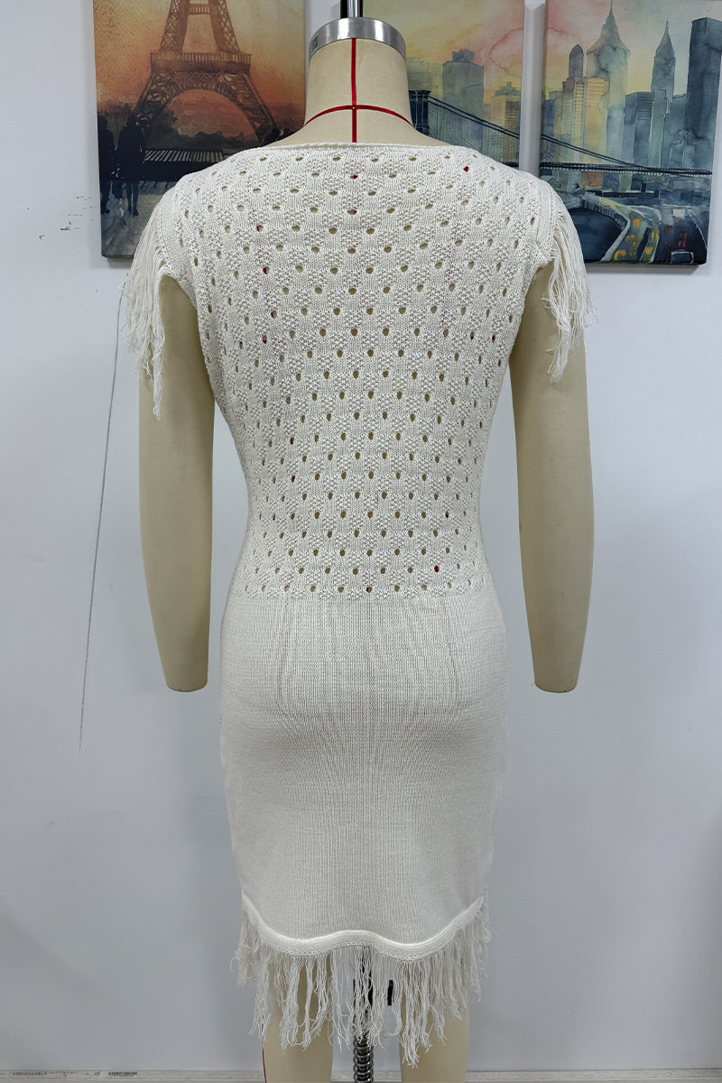 Aiertu  Casual Hollow Out Tassel O Neck Sweater Dress Dresses Aiertu