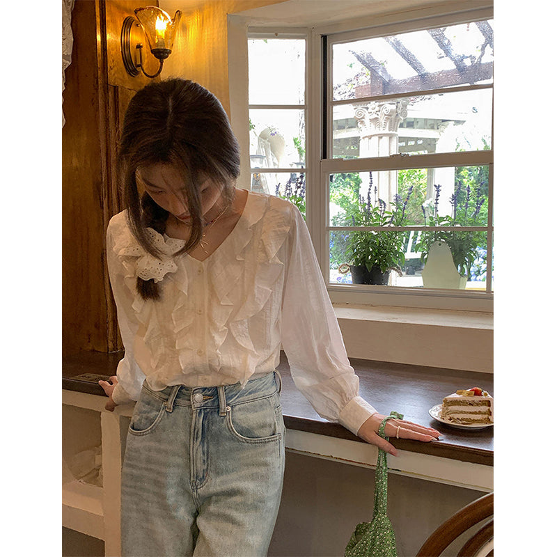 Aiertu Sweet Ruffles Shirts Women Korean Pink V Neck Long Sleeve Blouses Summer Ladies Fashion Elegant Loose Casual Chic Tops New Aiertu