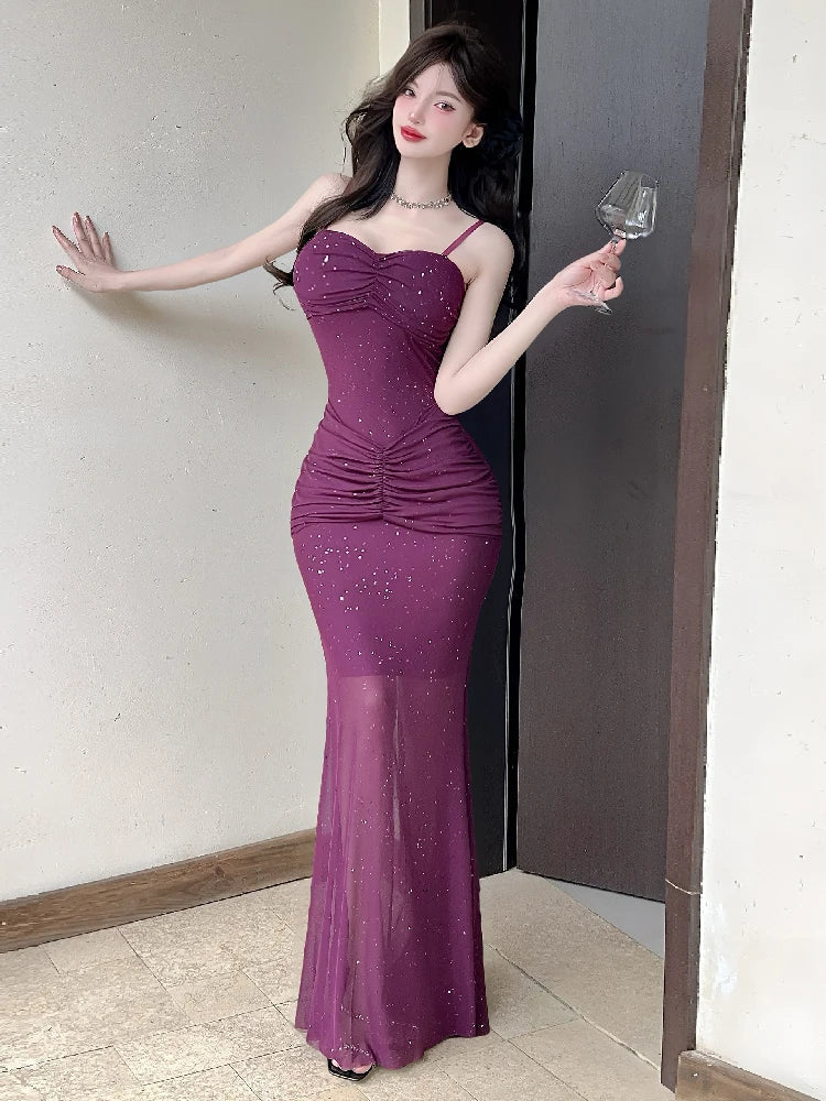 Aiertu  -   Sexy Shiny Mesh Suspender Evening Dresses Women 2025 Summer Temperament Slim Fit Waist Fishtail Party Long Dress Robe Aiertu