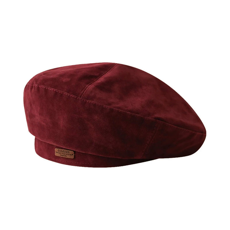 Aiertu  -  Winter Suede Beret Hat for Men Women Leather Label Newsboy Hat Outdoor Warm Thickened Berets Retro Texture Versatile Painter Cap Aiertu