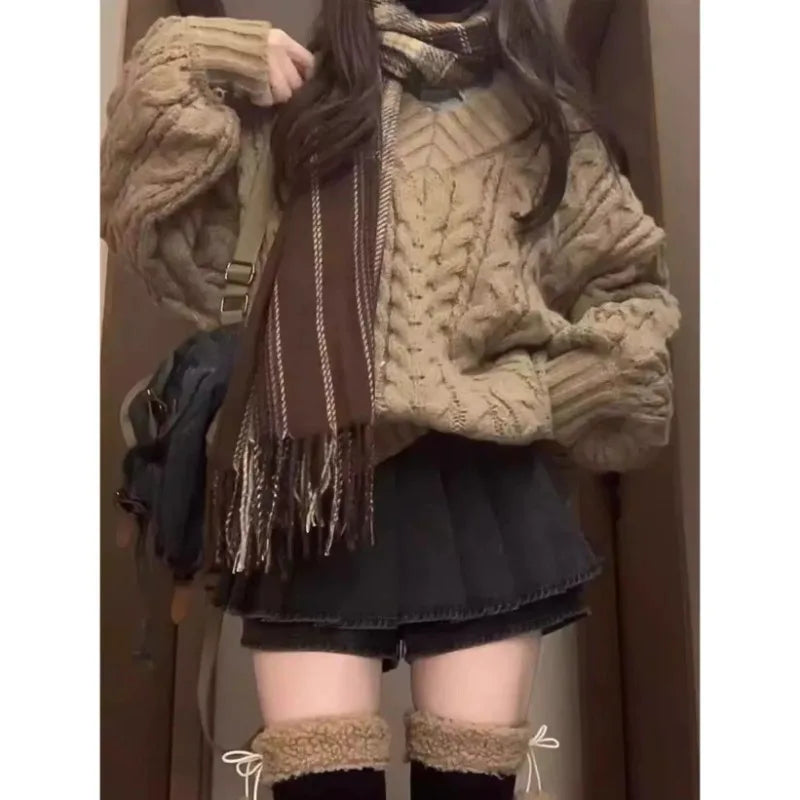 Aiertu  -  Retro V-neck Twist Knitted Pullover Oversized Sweater Women Winter New Fashion Street Loose Thickened Casual Simple Sweater Aiertu