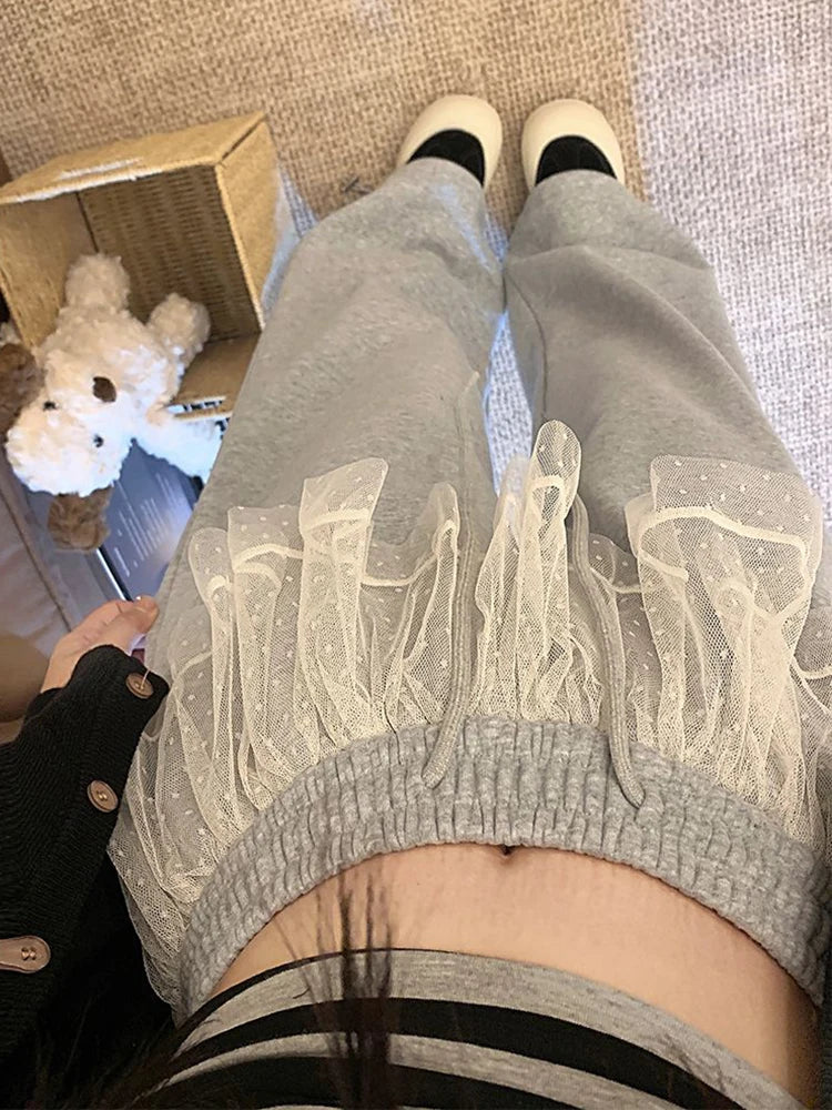 Aiertu  Lace Patchwork Sweet Pants Women Korean Fashion High Waist Loose Trousers Casual Design Lady Lace Up Spring Wide Leg Pants Aiertu
