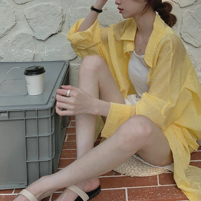 Aiertu Striped Sun Proof Shirts Women Korean Oversized Sunscreen Blouses Summer Streetwear Long Sleeve Casual Sun Protection Top Aiertu
