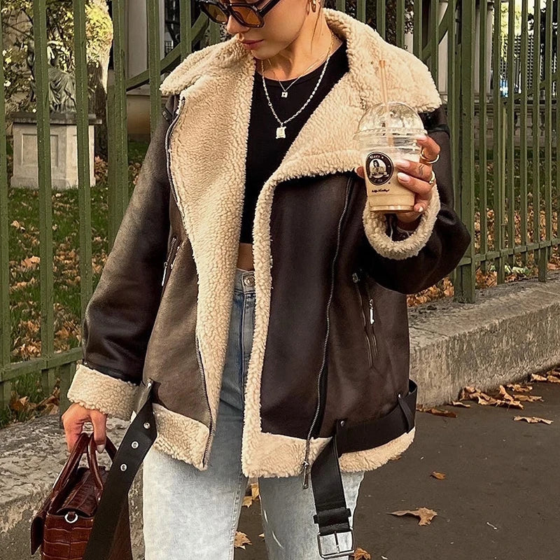 Aiertu  -  Women Faux Lamb Fur Leather Short Jacket Lapel Zipper Bomber Outwear Faux Suede Lapel Coat Warm Biker Motor Aviator Coat Aiertu