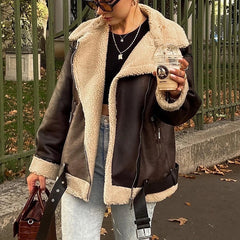 Aiertu  -  Women Faux Lamb Fur Leather Short Jacket Lapel Zipper Bomber Outwear Faux Suede Lapel Coat Warm Biker Motor Aviator Coat Aiertu