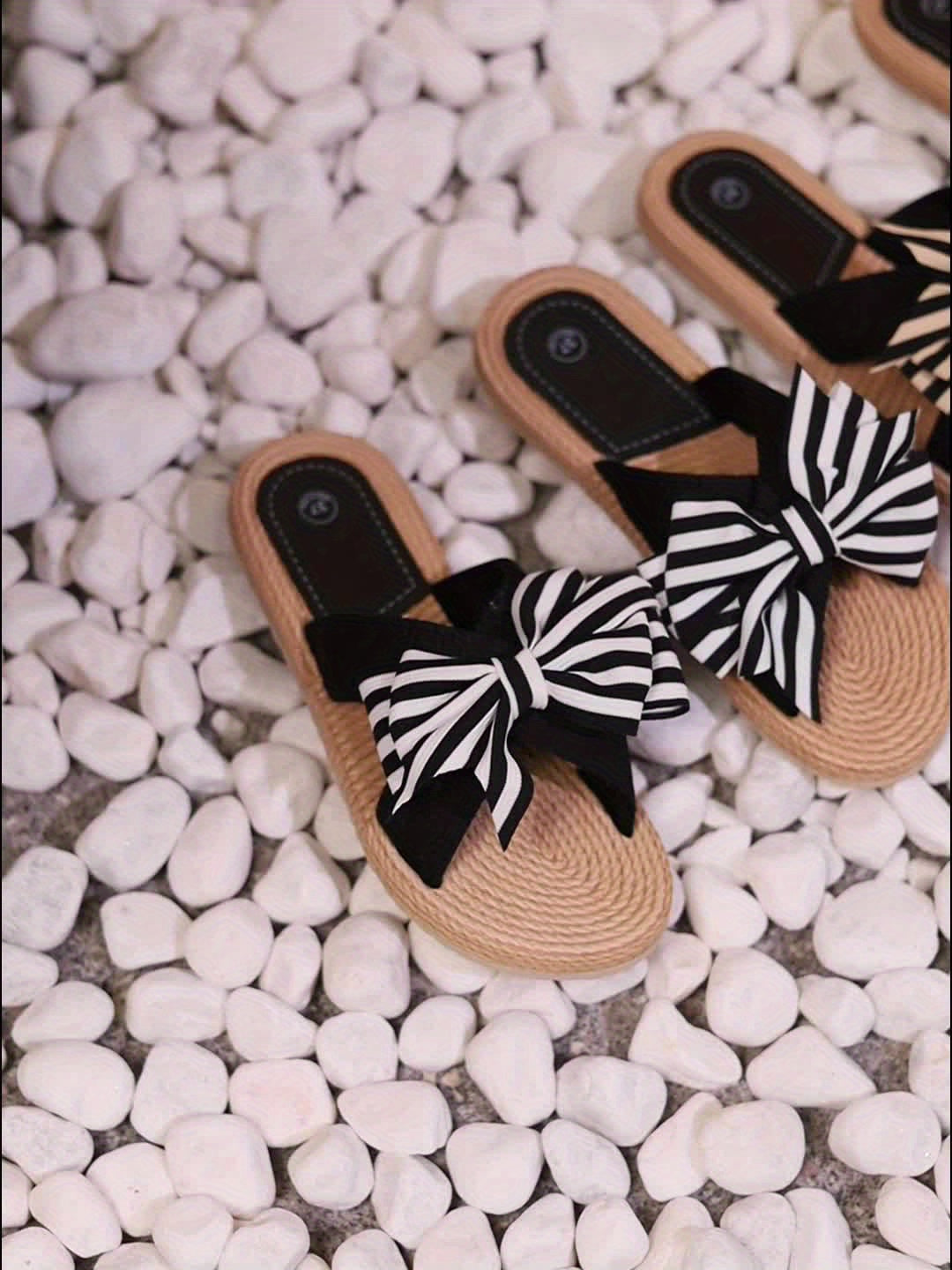Aiertu 1 Pair Honey Girl Women'S Summer Striped Bowknot Slides - Round Toe Slip-On Flat Beach Slippers with Ankle Strap, Comfortable Fabric Upper & Inner, EVA Sole & Insole Aiertu