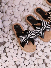 Aiertu 1 Pair Honey Girl Women'S Summer Striped Bowknot Slides - Round Toe Slip-On Flat Beach Slippers with Ankle Strap, Comfortable Fabric Upper & Inner, EVA Sole & Insole Aiertu