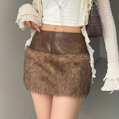 Aiertu  -   party look snspos Women Faux Leather Patchwork Furry Short Skirt Vintage Stylish High Street Mini Skirt Rave Outfits Lady Winter Aiertu
