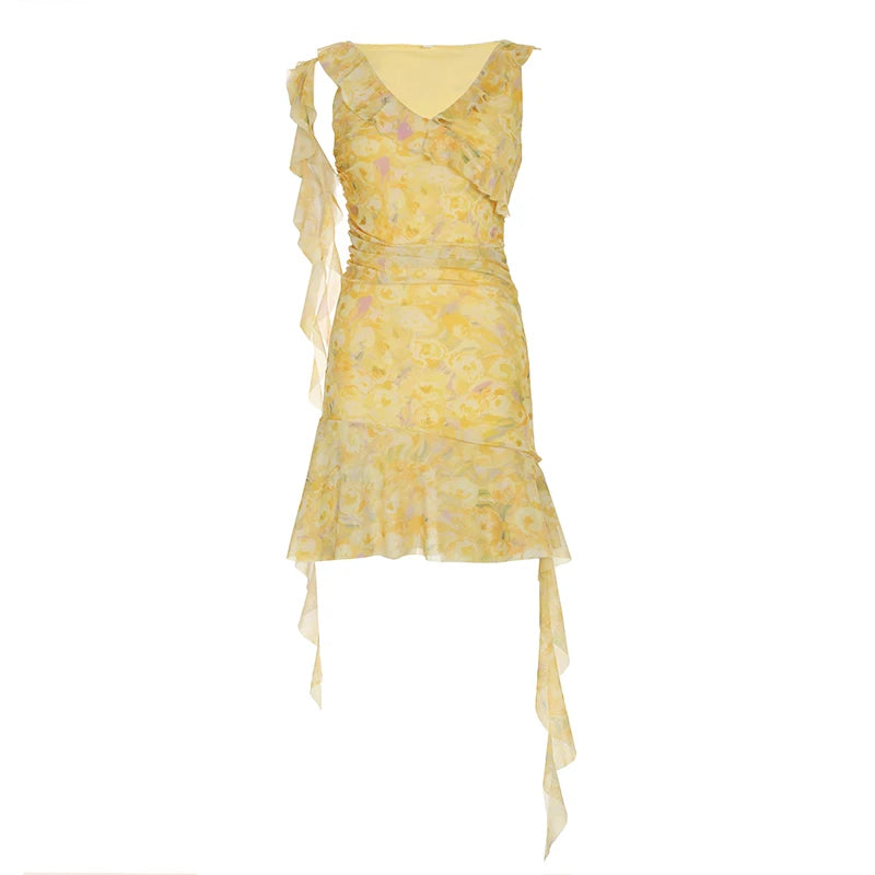 Aiertu  Holiday Style Yellow Flora Prints Women Dress Summer Fashion Design Irregular Ruffles V-Neck Short Frock Aiertu