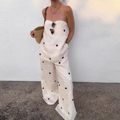 Aiertu  -  Casual Strapless Polka Dot Tops Pants Sets Women Loose Sleeveless Backless Vest Pocket Wide Leg Pant 2025 Lady Vacation Outfits Aiertu