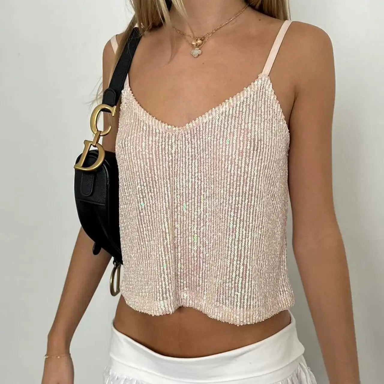 Aiertu  -  Women Sequin Cami Tops Sparkly V Neck Spaghetti Strap Backless Shirts Trendy Summer Clothes for Party Clubwear Aiertu