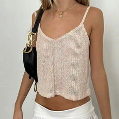 Aiertu  -  Women Sequin Cami Tops Sparkly V Neck Spaghetti Strap Backless Shirts Trendy Summer Clothes for Party Clubwear Aiertu