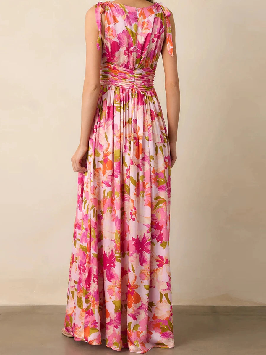 Aiertu  -  Elegant Maxi Dress with Boho Floral Print Stylish V-Neckline and Chic Tie-Up Shoulder Detail Perfect for Summer Casual Wear Aiertu
