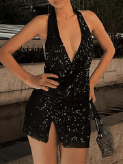 Aiertu  -Split Sequin Halter Party Mini Dress aiertu