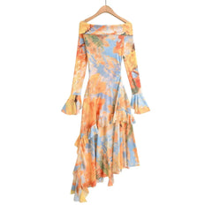 Aiertu  -  European and American style mesh print one shoulder sexy slim dress female autumn new irregular long skirt Aiertu