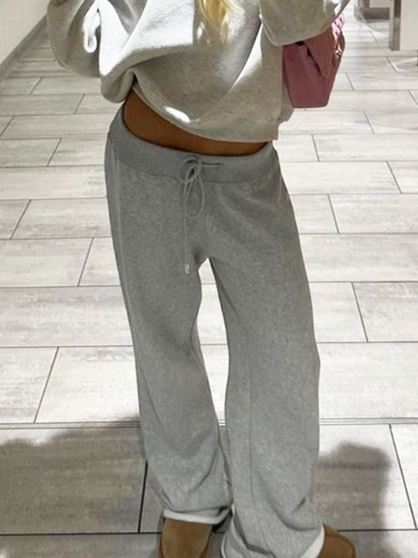 Aiertu - summer inspo Pockets Drawstring High Waist Casual Loose Sweatpants For Women Gray Solid Basic Simple Straight Leg Pants Jogging Trousers Aiertu