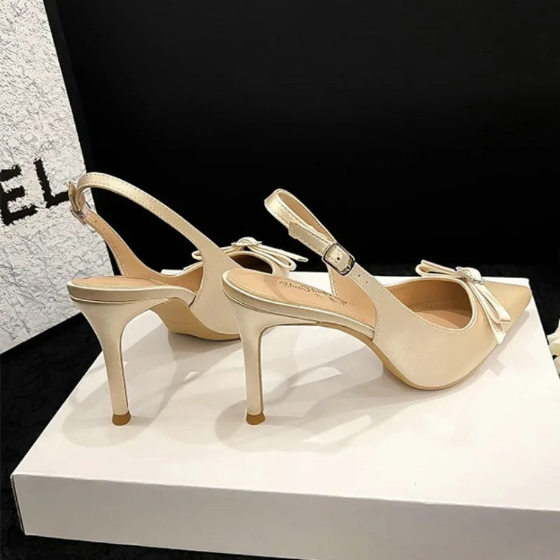 Aiertu  -  New Summer Women'S Sandals Thin Heel Pointy Bao Head Champagne Satin Fashion Korean Version After Autumn Empty Heels Aiertu