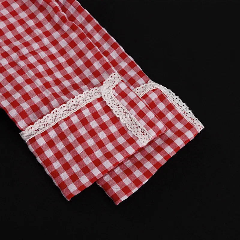 Aiertu  -  Fashion Plaid Long Pants Sets For Women Chic Peter Pan Collar Lace Up Shirt Wide Leg Pant 2 Pieces Sets Female Pajamas Outfits Aiertu