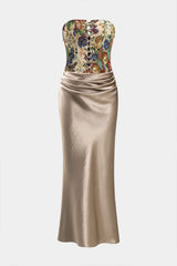 Aiertu  -  Satin Embroidery Ruched Drawstring Strapless Maxi Dress Aiertu