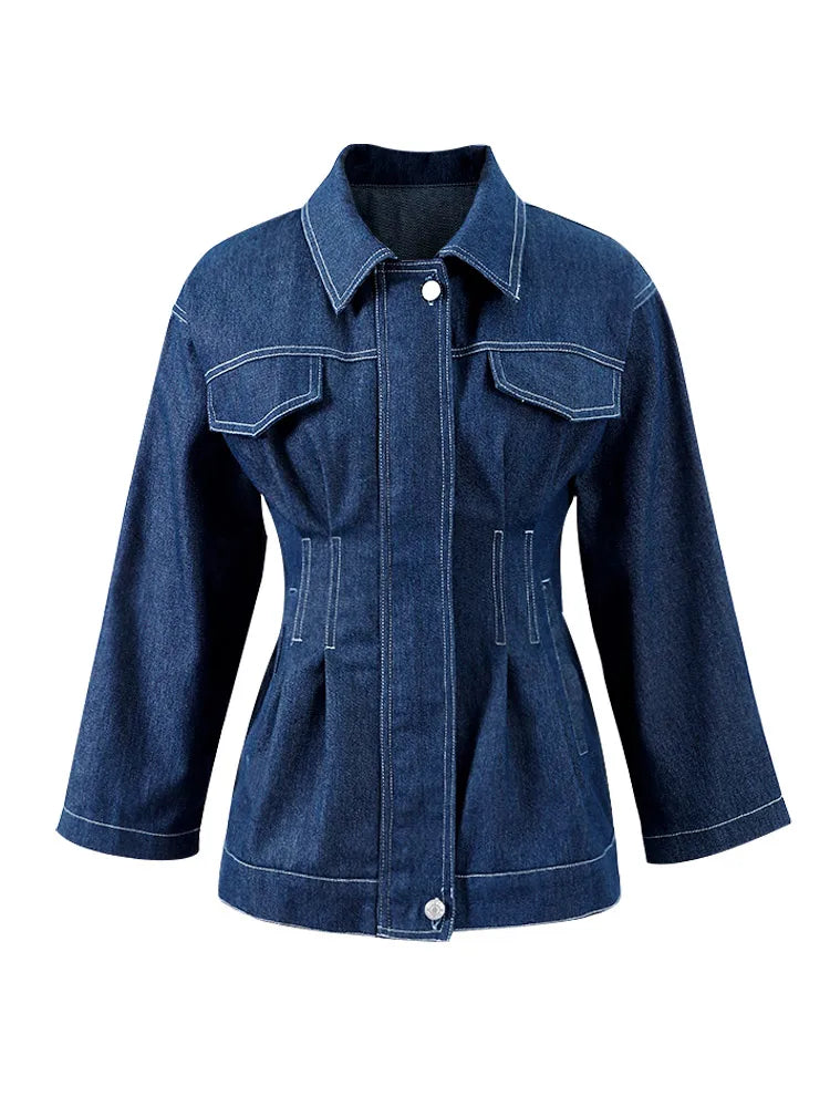 Aiertu  -  Vintage Blue Denim Women's Shirts Slim Lapel Long Sleeve Waist Up Zipper Button Jacket Fashion High Street Female Commuting Tops Aiertu