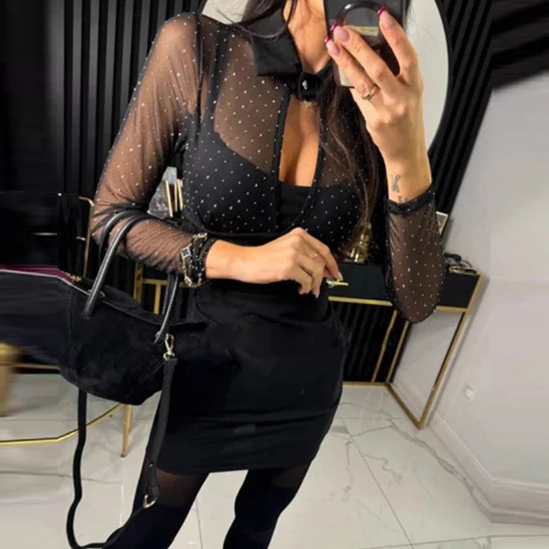 Aiertu  -  Sexy Perspective Mesh Long Sleeved Club Dress Ladies Fashion Diamond High Waist Mini Dress Black Bodycon Pleated Short Dresses Aiertu