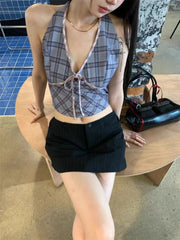 Aiertu  -  American Retro Grey Plaid Crop Top Women Streetwear V-neck Halter Y2k Tops Summer Sexy Fashion Backless Tank Top Clothes Aiertu