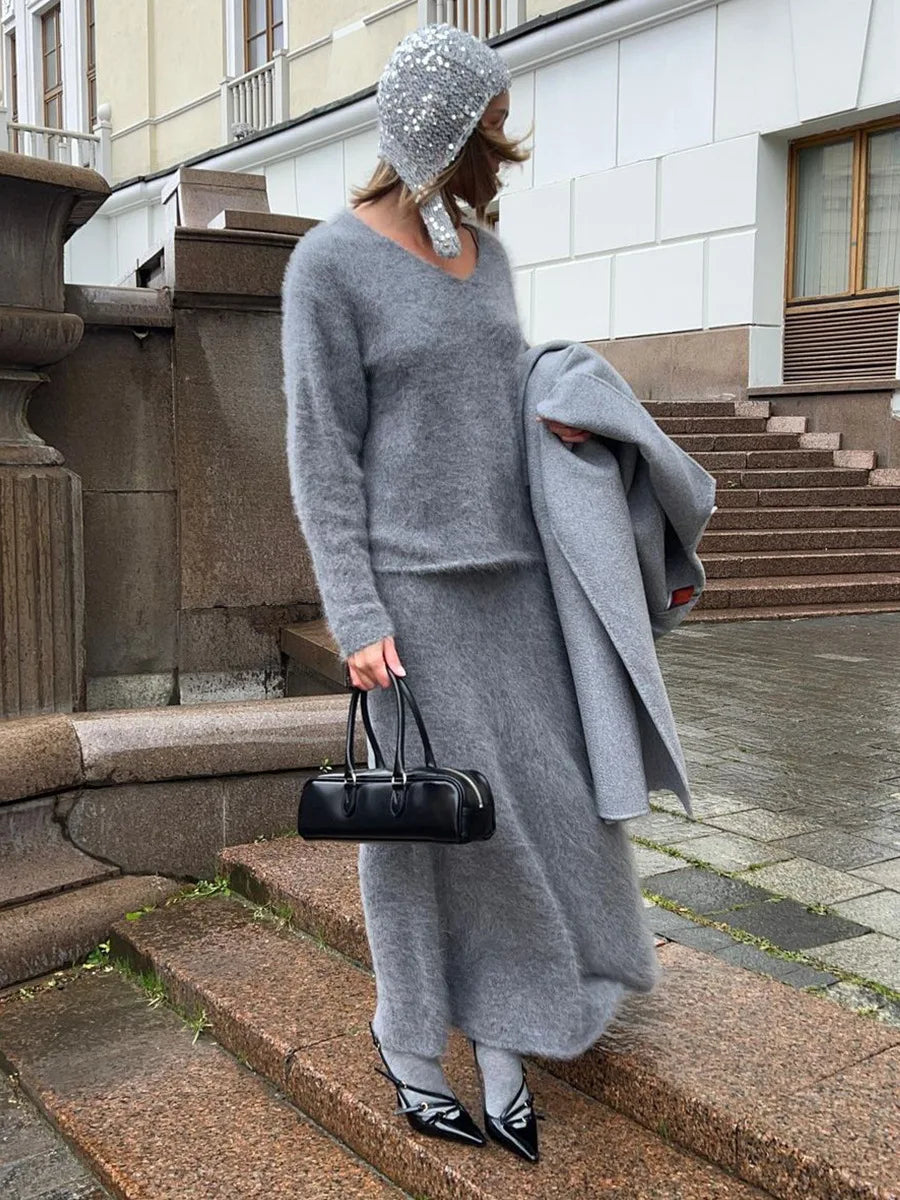 Aiertu  -  Solid Knitted Skirt 2 Piece Set Women Autumn Winter V Neck Long Sleeve Pullover Sweater+Long Skirts Elegant Fashion Vintage Sets Aiertu