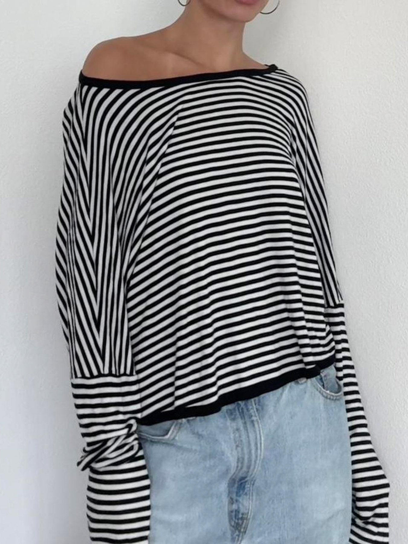 Aiertu - summer inspo Twist Backless Loose Casual Stripe Long Sleeve T Shirt Women Contrast Binding O Neck Minimalist Pullover Tops Aiertu