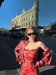Aiertu  -  Vintage Red Women Faux Leather Jackets Zipper Chic Long Sleeve Casual Cropped Coat New High Street Fashion Outerwear Aiertu