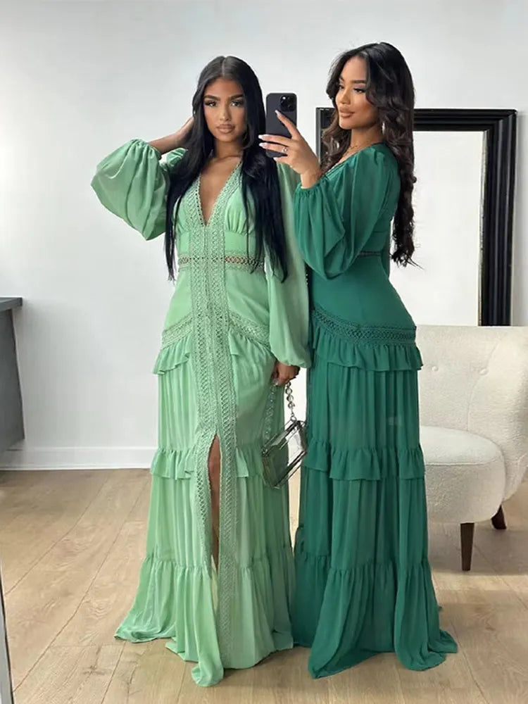 Aiertu  -  Autumn Winter Elegant Patchwork Dress Long Sleeve V-neck Ruffles Lace Maxi Dress Lady Party Holiday Streetwear Robes New Aiertu