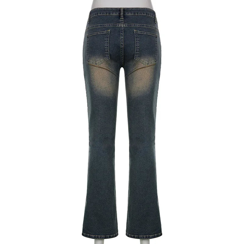Aiertu  -  Y2K Low Waist Jeans For Women Vintage Embroidery Stretch Denim Pants Aesthetic Gothic Gray Package Hip Flare Trousers Aiertu