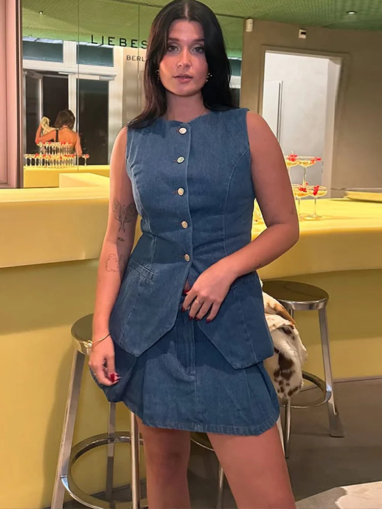 Aiertu  -  2025 Spring New Denim Mini Pleated Skirt Sets For Women Single Breasted Tank Tops Y2K Short Skirt 2 Pieces Sets Lady Chic Outfit Aiertu