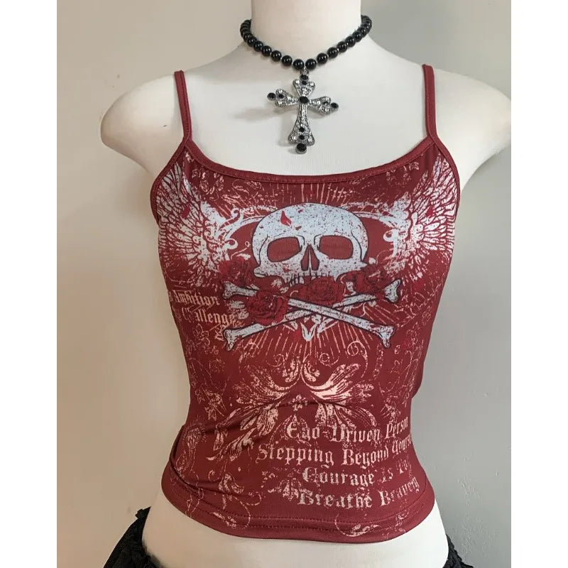 Aiertu  -  American sexy cotton skull Gothic printed suspender T-shirt for women 2025 summer new aesthetic niche simple hip-hop vintage top Aiertu