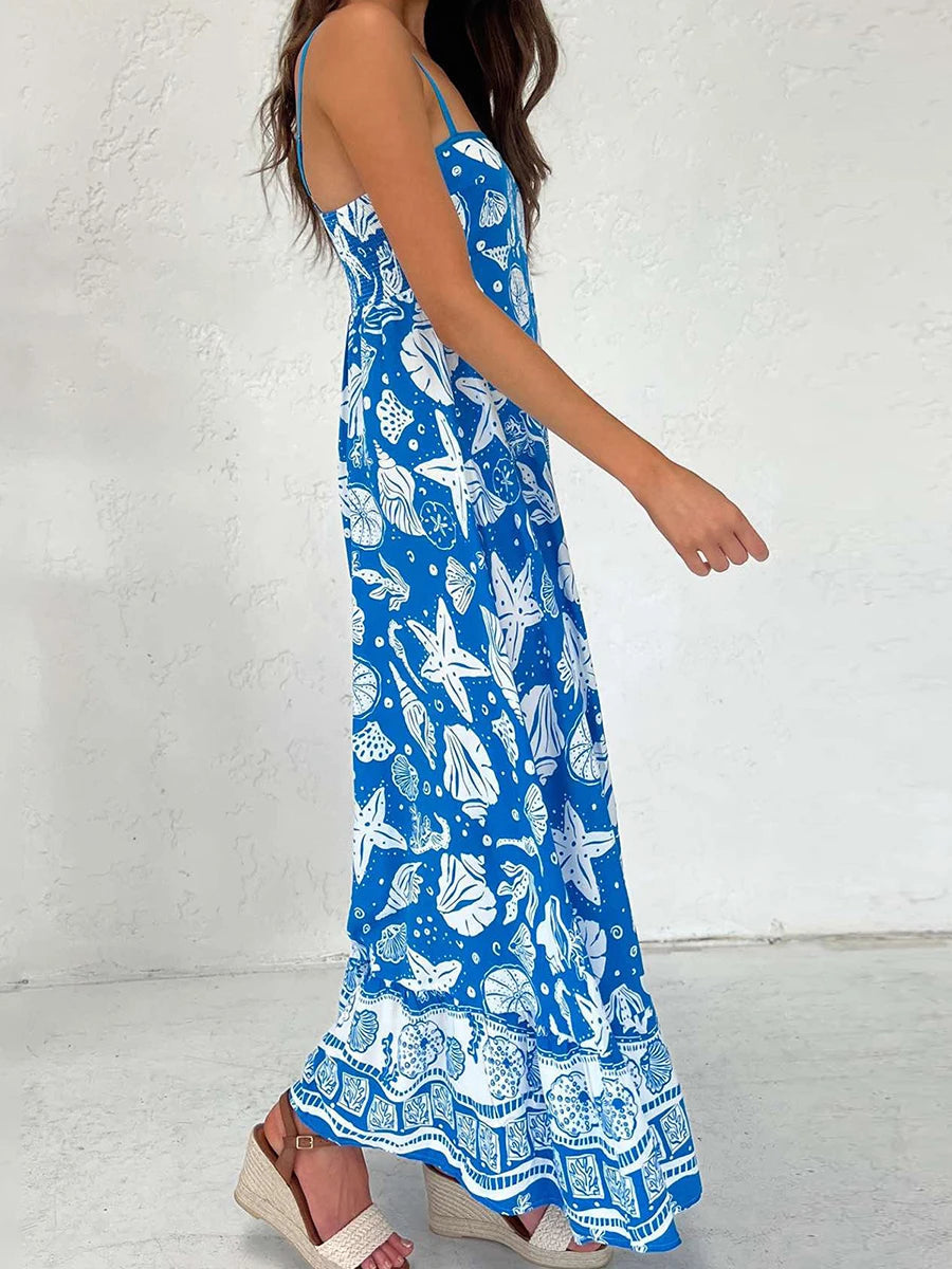 Aiertu  -   Women s Elegant Floral Print Sleeveless Maxi Dress with Adjustable Spaghetti Straps and A-Line Silhouette for Summer Beach Aiertu