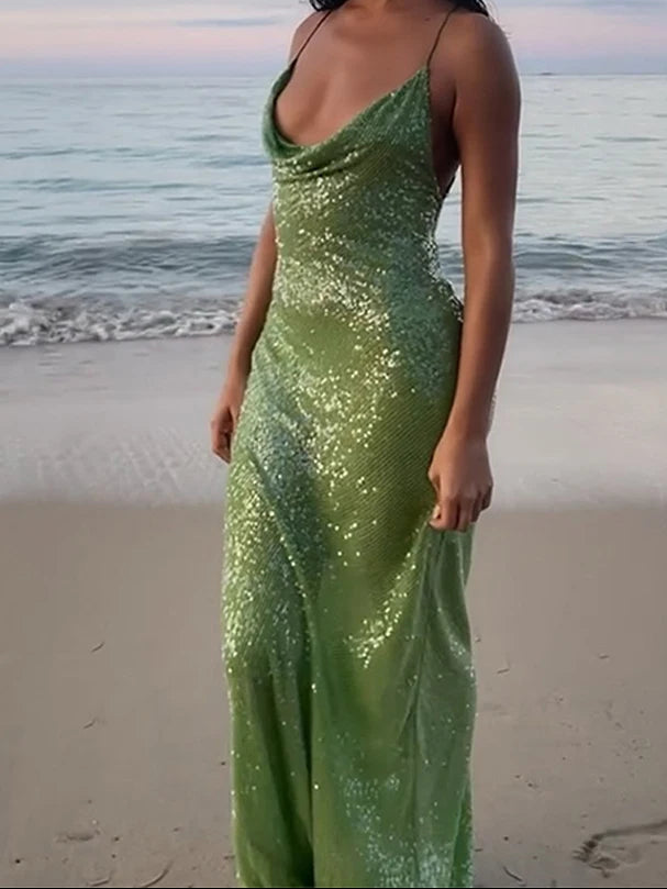 Aiertu  -  Sexy Deep V-neck Sequin Dress Women Sling Sleeveless Backless Slim Hip Package Long Dresses Female 2025 Spring Summer Lady Gown Aiertu