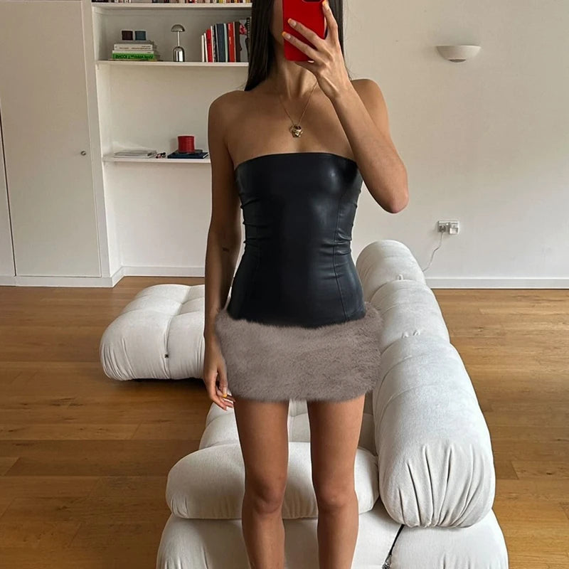 Aiertu  -  Women Black Goth Bodycon Leather Dress Vintage Off Shoulder Mini Emo Dresses Y2k One Piece Frocks 2000s Coquette Clothes Summer Aiertu