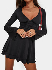 Aiertu  Black Slim V-Neck Low-Cut Long Sleeve Dresses Sexy Basic Women 2024s New Clothes Tierred Ruched Short Vestido Aiertu