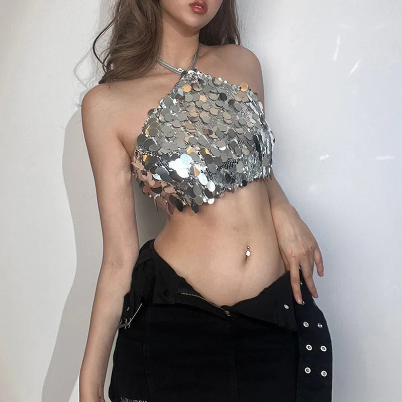Aiertu  -  Sexy Sequins Crop Top Halter Corset Tube Tops Party Club Outfits Vest Strapless Top Open Back Sliver Glitter Top Women Summer Aiertu