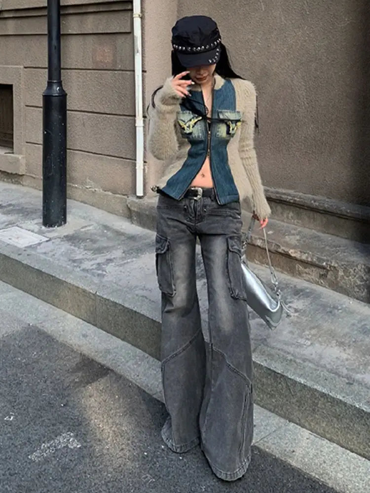 Aiertu  -  Fashion Streetwear Side Pockets Cargo Denim Pants Swxy Low Waist Punk Harajuku Women Trousers Y2k Aesthetic Flare Long Bottoms Aiertu