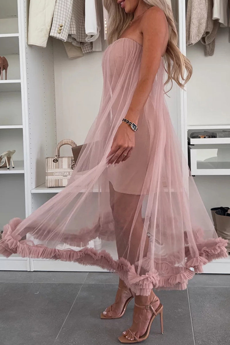 Aiertu  -Casual Solid Color Without Belt Mesh Strapless Mesh Dresses(No belt) aiertu