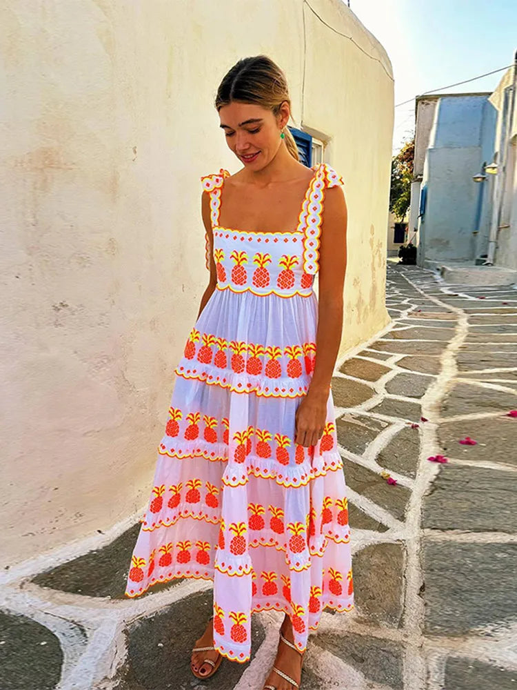 Aiertu  -  Halter Lace Up Print Dress Cake Contrast Color Pleated Layered Suspender Baggy Women Beach Strap Long Dresses Fuffy Robes Summer Aiertu