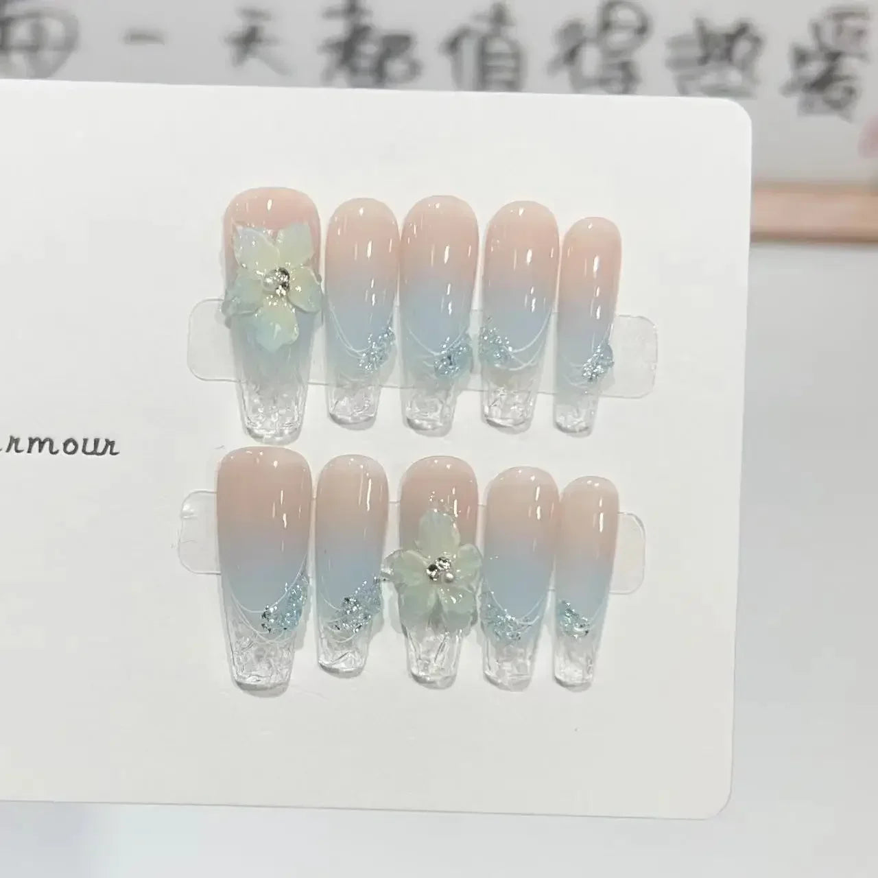 Aiertu 10pcs Aurora Cat Eye Coffin Handmade Press on Nails Cherry Blossom False Nails Sweet French Tip Nail Art Wearable Manicure Nails Aiertu