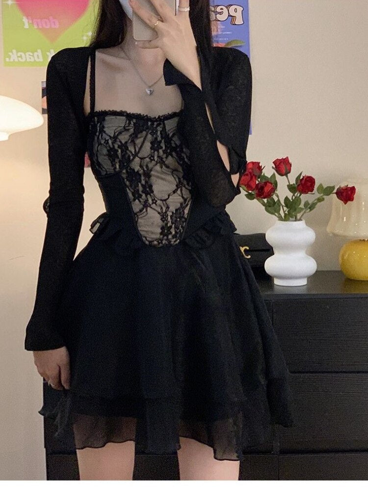 Aiertu Summer Black Chic Dress Women Lace Patchwork Sexy Party Mini Dresses Female Designer Korean Fashion Fluffy Elegant Dresses 2025 Aiertu