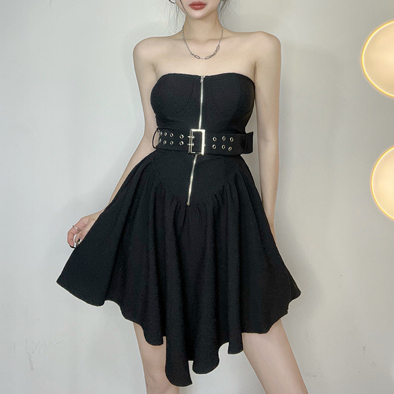 Aiertu - Metal Buckle Belt Draped Hem Irregular A Swing Dress Aiertu