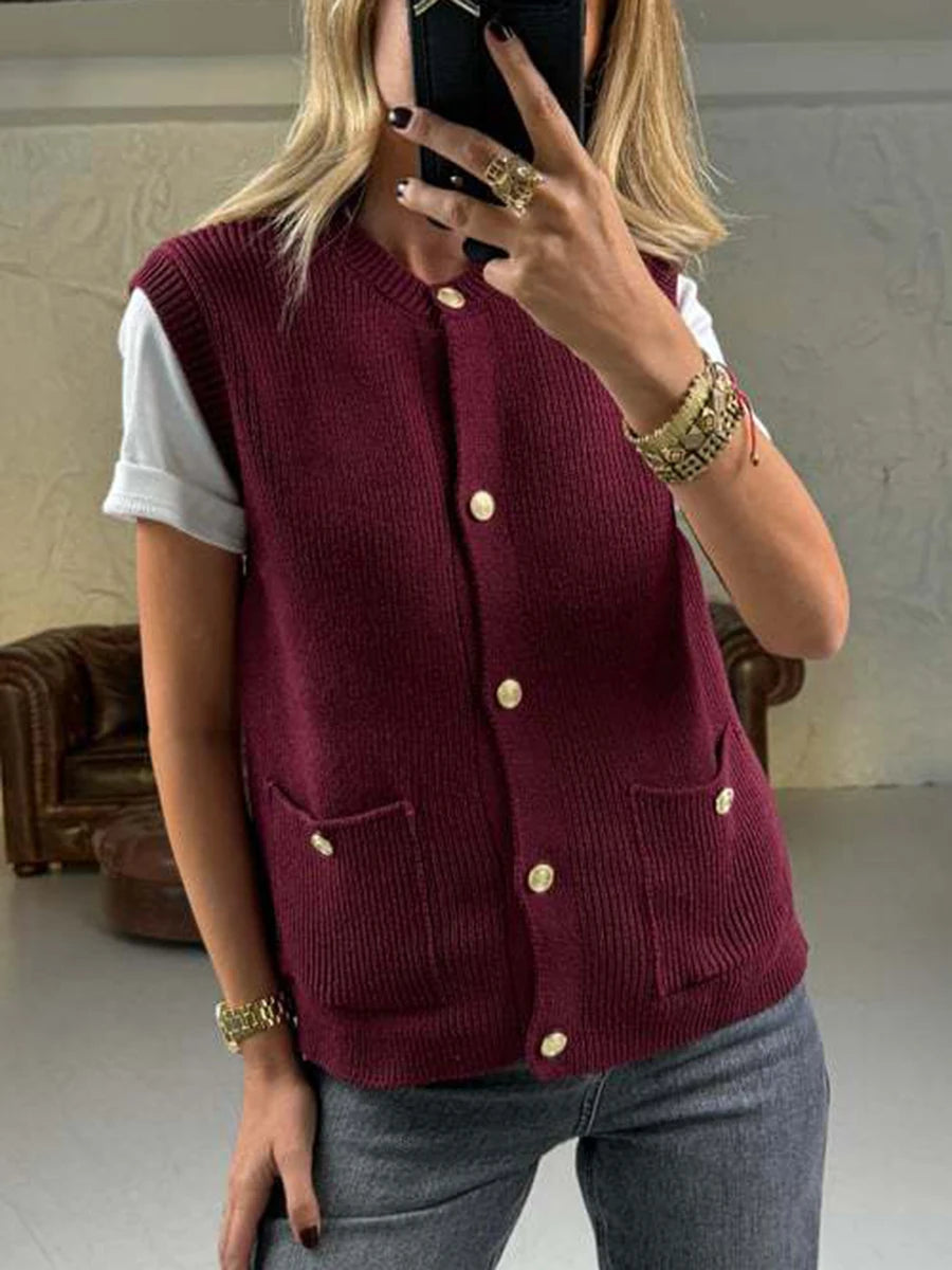 Aiertu  -  Pocket Solid Cardigan Vest Women O Neck Single Breasted Sleeveless Knit Waistcoat 2025 New Simple Casual Fashion Sweater Jacket Aiertu