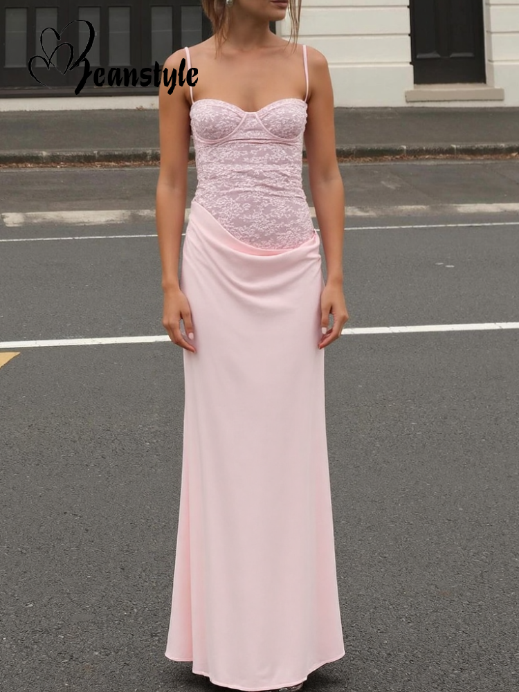 Aiertu  Pink Lace Patchwork Sling Dress Women Sexy Sleeveless Tube Top Pleated Party Long Dresses Lady 2025 Fashion Evening Slim Robe Aiertu