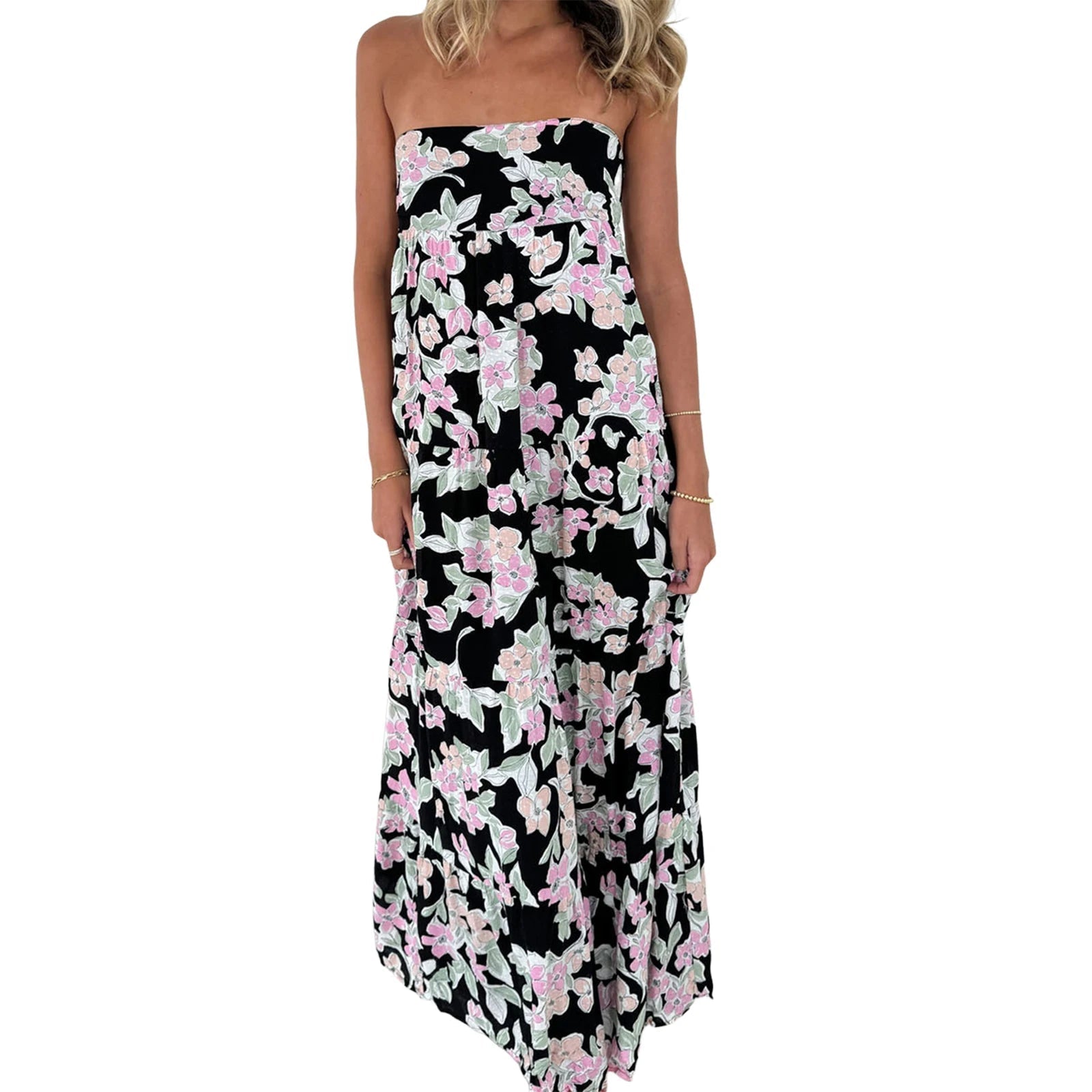 Aiertu  -  Elegant Off-Shoulder Maxi Dress with Boho Floral Print and Lace-Up Back Detail for Summer Wedding Party or Vacation Beachwear Aiertu
