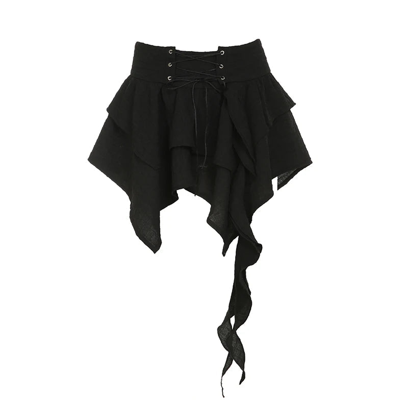Aiertu  -  Gothic Style Irregular Black Short Skirt Y2K Fashion Lace-up Layered Skirt Girly Chic Streetwear Cute Outfits Summer Aiertu